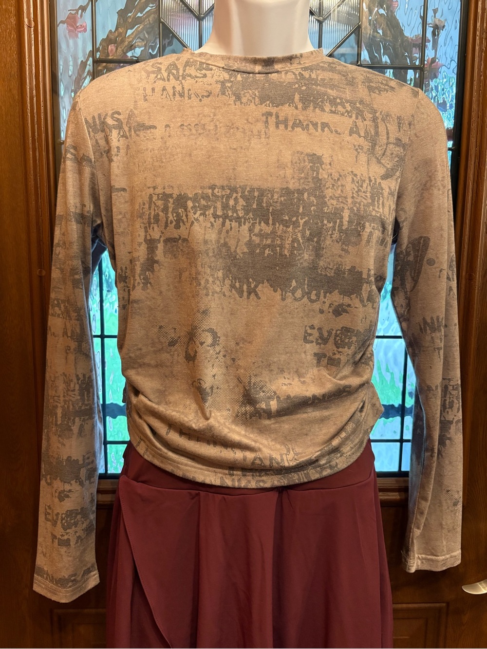 Cider Red Lace Accent Top with Neutral Graphic Detail